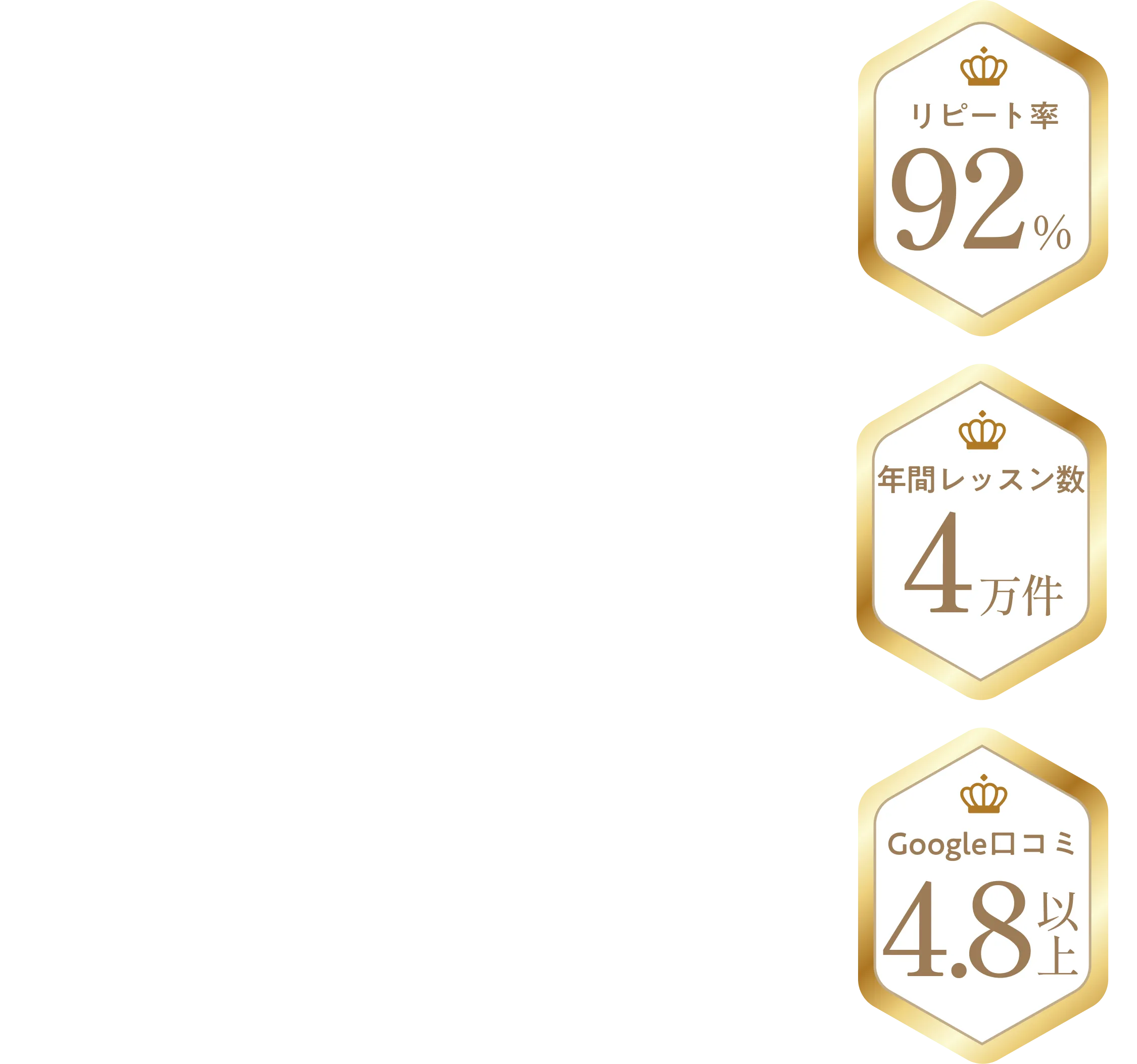 リピート率92%・年間レッスン数4万件・Google口コミ4.8以上