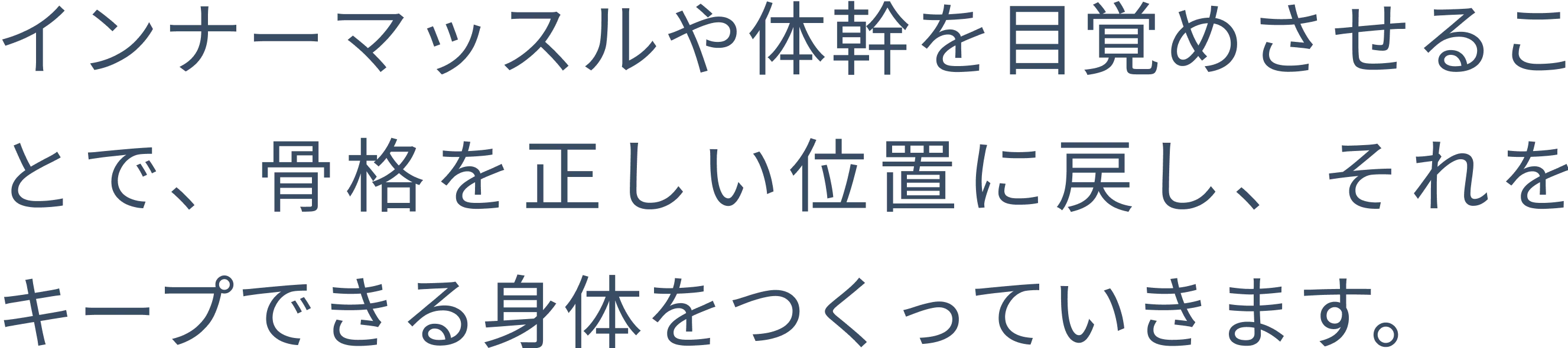 インナーマッスルや体幹を目覚めさせることで、骨格を正しい位置に戻し、それをキープできる身体を作っていきます。
