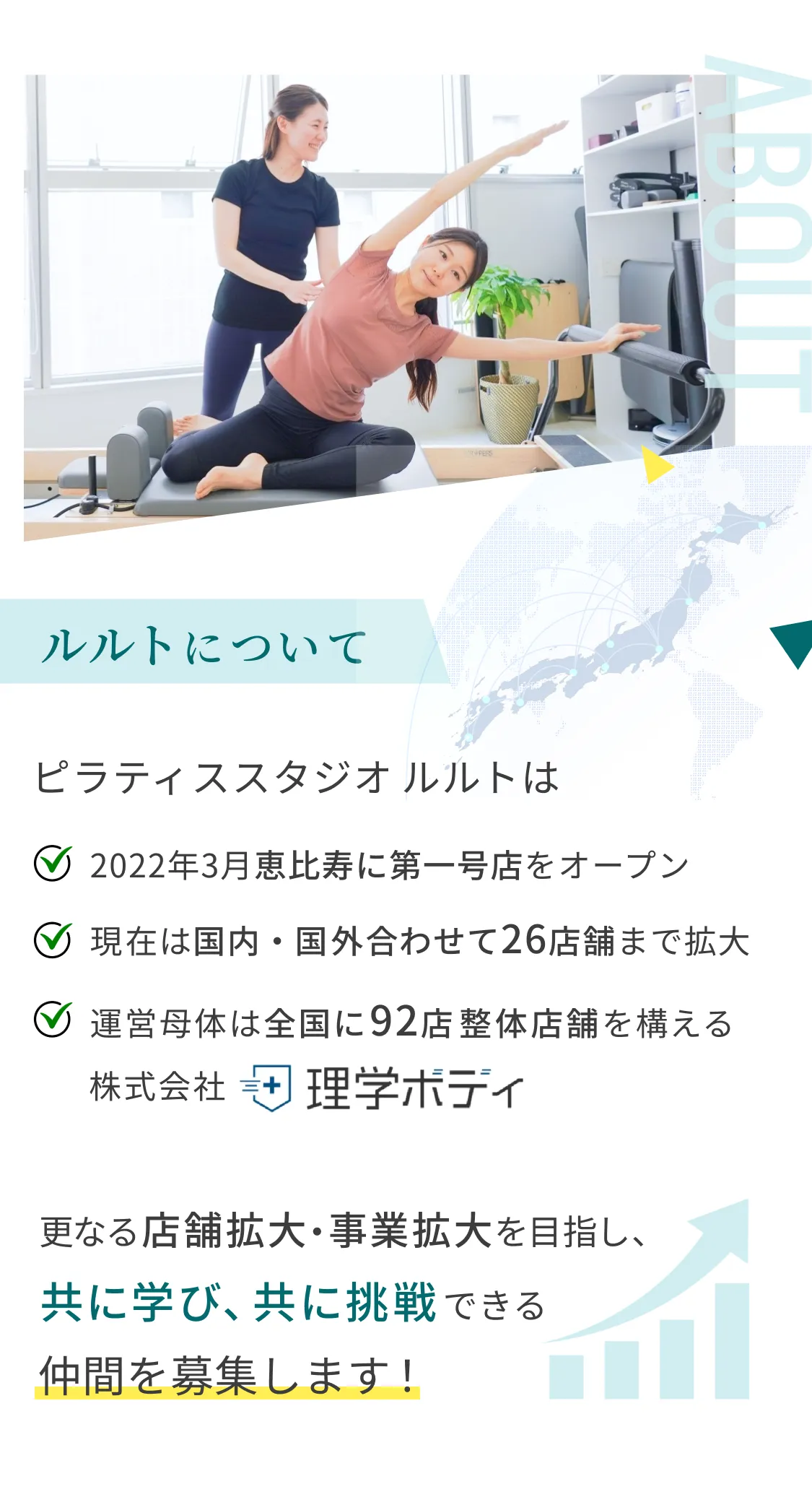 ルルトについて。ピラティススタジオルルトは2022年3月恵比寿に第一号店をオープン。現在は国内・国外合わせて26店舗まで拡大。運営母体は全国に92店整体店舗を構える。株式会社理学ボディ