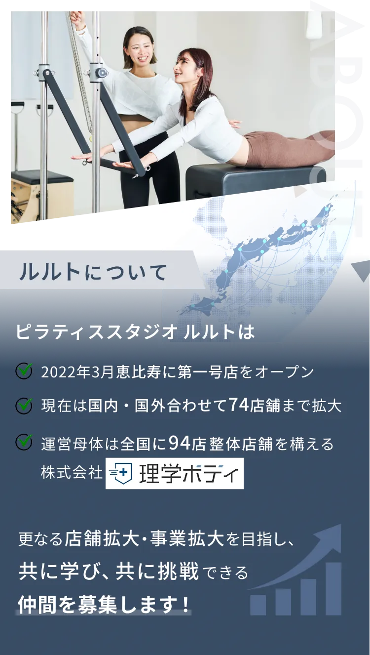 ルルトについて。ピラティススタジオルルトは2022年3月恵比寿に第一号店をオープン。現在は国内・国外合わせて26店舗まで拡大。運営母体は全国に92店整体店舗を構える。株式会社理学ボディ